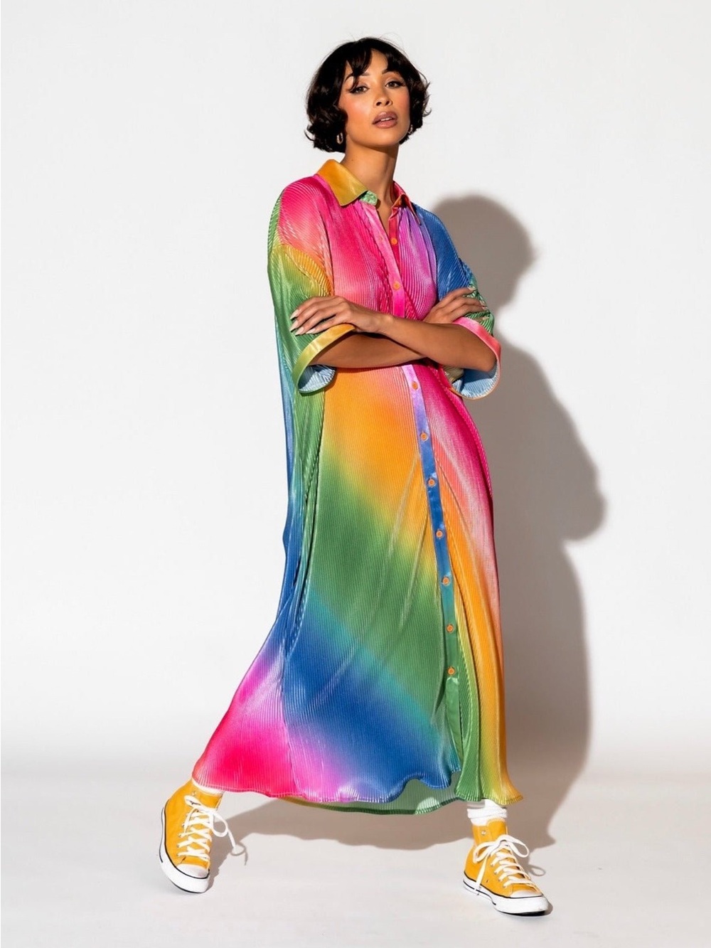 New! Dressed in LALA So Far So Good Oversized Plissé Dress in Prsmatic Rainbow S